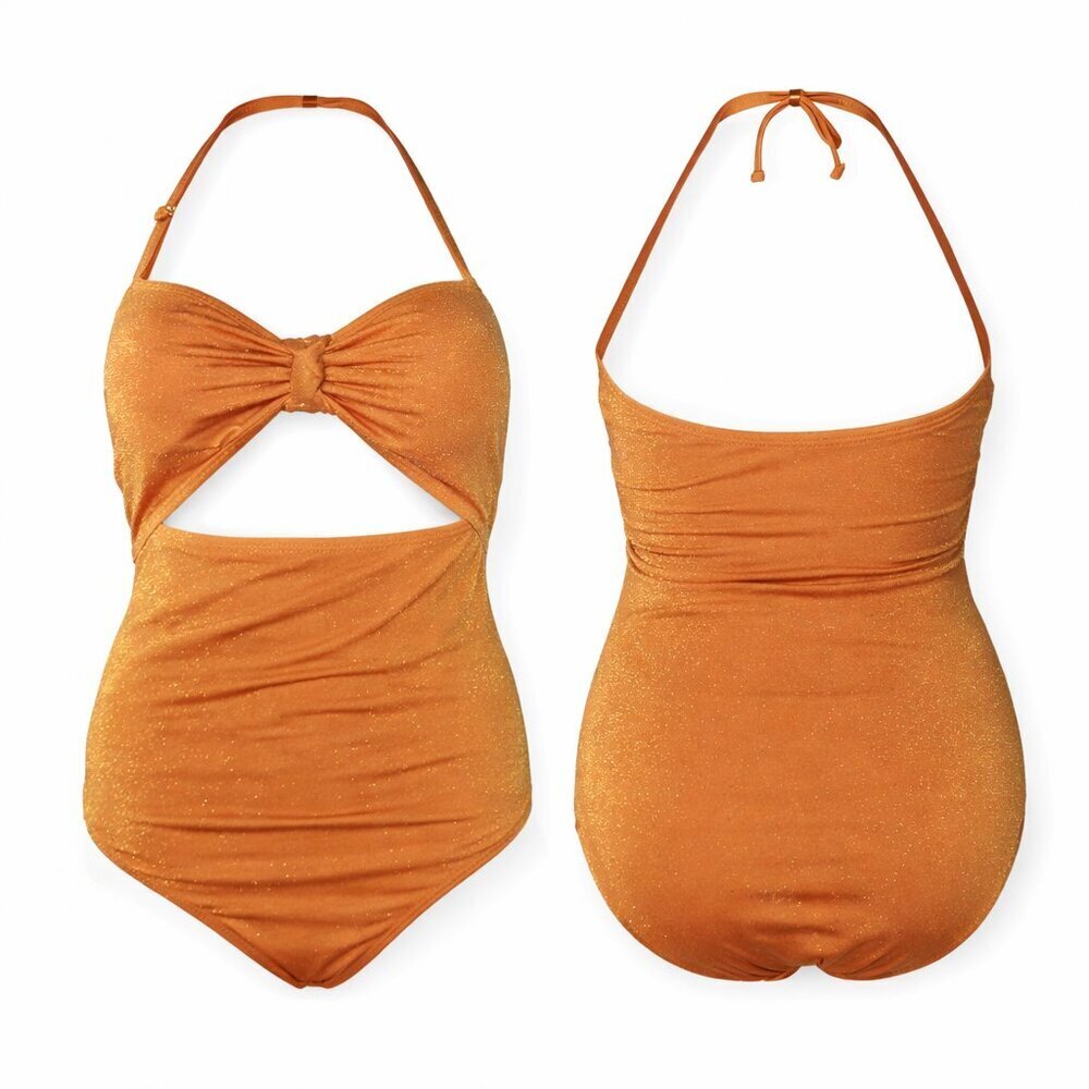 BCBG Paris Halter Shimmer Cutout Golden One-Piece Burnt Orange Swimsuit Size XXL